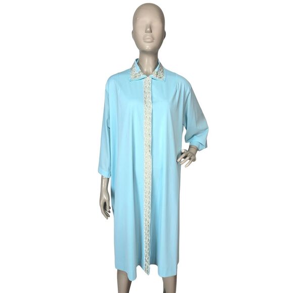 Vintage 50s/60s Lane Bryant Blue Metallic Gold Trim Snap Front Peignoir Robe XXL - Picture 7 of 9